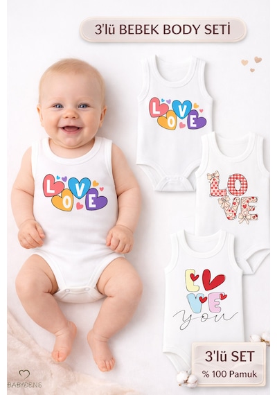 Babyden's 3 Lü Bebek Body Seti %100 Pamuk Love Baskılı Atlet Body Unisex Beyaz
