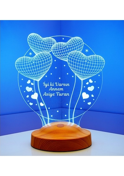 3D Led Lamba 3 Boyutlu Anneler Günü Kişiye Özel Balon Kalp Küre