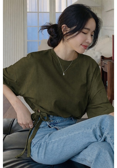 Kadın Oversize Basic Haki Tişört Yan Bağlamalı Rahat Kesim Günlük Yazlık T-shirt