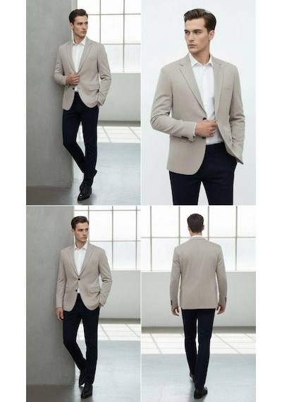 Plus Scorpion Erkek Esnek Kumaş Slim Fit Blazer Ceket Günlük & Ofis Şıklığı Açık Bej