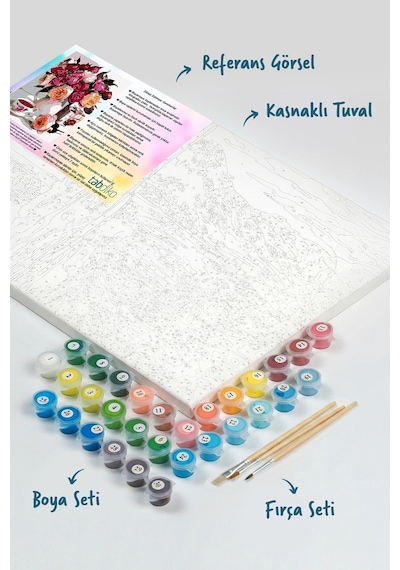 Sayılarla Boyama Seti 40 x 50 CM Tuval Şasesine Gerili Pembe Kamelyalar