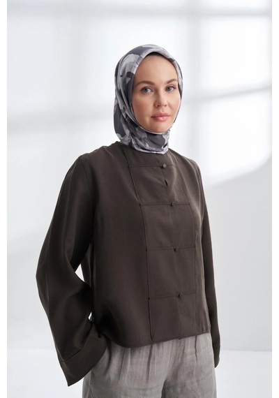 Armanda Crayon Desen Twıll İpek Eşarp - 4305-134 Siyah, Vizon