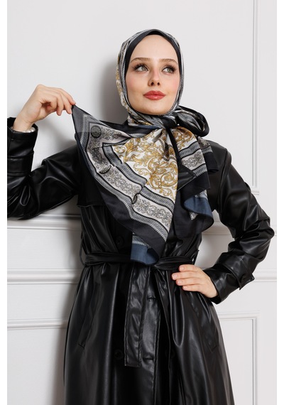 Sevitli Versace Desenli Hint İpeği Şal-sarı-4537