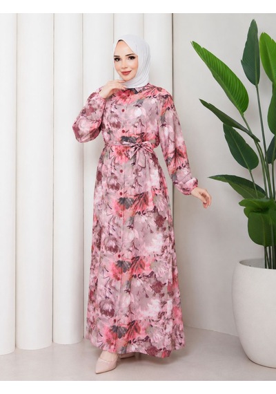 Pamuk Mango Kumaş Çiçek Desenli Boydan Düğmeli Tesettür Elbise Pembe