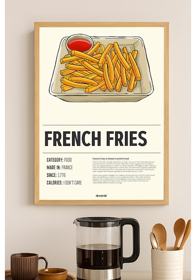 French Fries Ahşap Çerçeveli Poster, Dekoratif Mutfak Duvar Tablosu