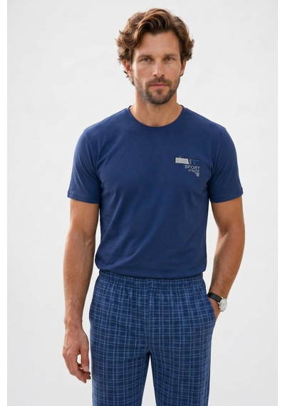 Tudors Erkek Standart Fit Normal Kesim Pamuklu Bisiklet Yaka Kısa Kollu Lastikli Lacivert Pijama Takımı-51139
