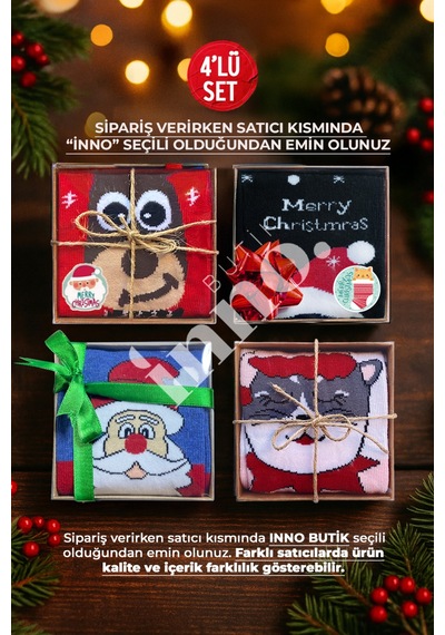 Inno Yılbaşı Desenli Kraft Kutulu Çorap 4'lü Set Birebir Desen Haki