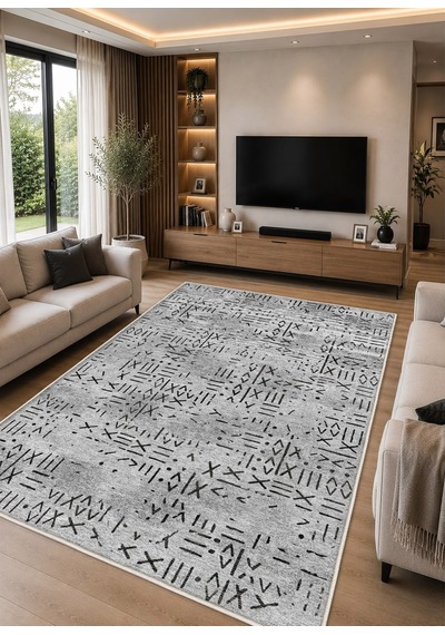 Gri Dijital Baskı Halı Kaymaz Tabanlı Yıkanabilir Halı Yolluk Salon Halısı1649