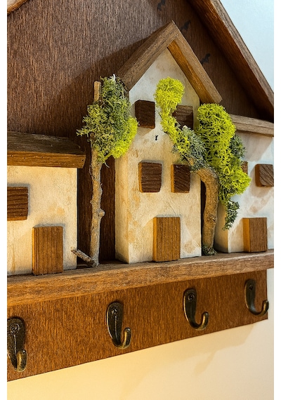 Ahşap Ev Temalı Duvar Askılığı 25x36 Cm 4 Kancalı Anahtarlık , El Yapımı Dekoratif Askı Kahverengi