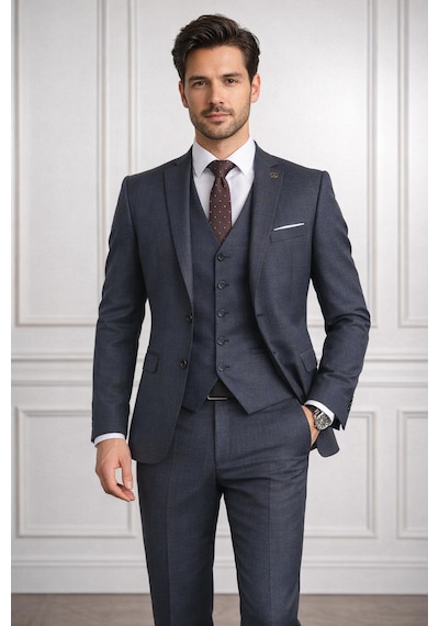 Fabio Cassel Slim Fit Mono Yaka Çift Yırtmaçlı Astarlı Takım Elbise Yelekli Lacivert