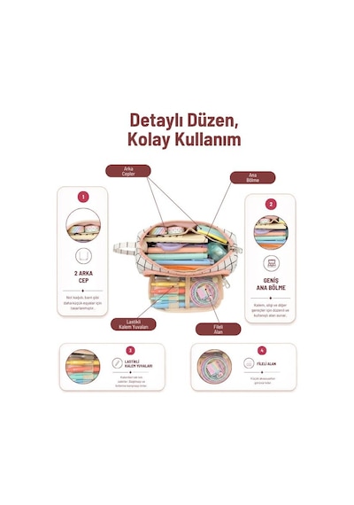 Yuga Üçgen Formlu Çok Bölmeli Geniş Kapasiteli Kumaş Kalemlik 20,5 Cm Kare Desenli Beyaz