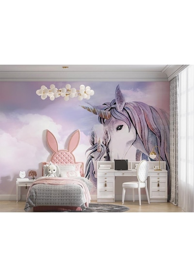Pembe Bulutlar Üzerinde Unicorn Çocuk Odası Duvar Kağıdı
