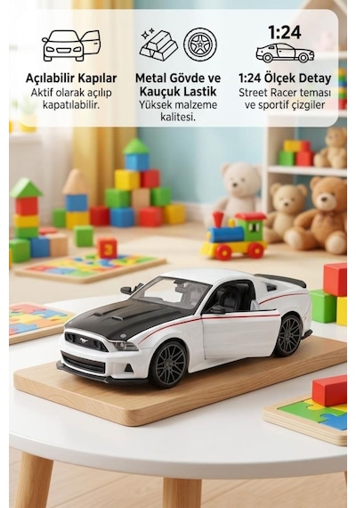 Maisto Lisanslı Metal Ford Mustang Street Racer 2014 1:24 Kapıları Açılabilir Oyuncak Model Araba Beyaz