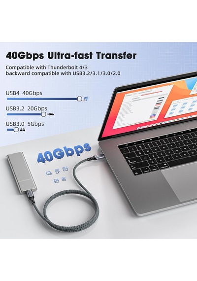 Fast Usb 4.0 40gbps, 240w, 8k60hz Usb4.0 Usb-c Kablosu 1 Metre Gri Klv-01 Standart