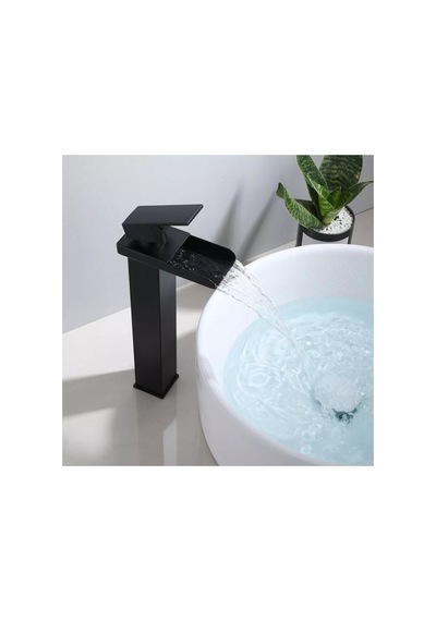 Rena Design Siyah Çanak Lavabo Bataryası Havza Model Uzun/yüksek Lavabo Musluğu Çift Girişli Armatür Inox