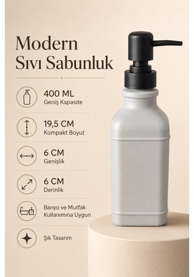 Aura Cam Sıvı Sabunluk 400 Ml Siyah Pompalı Modern Dekoratif Banyo Ve Mutfak Dispenseri - 19,5 Cm X 6 Cm X 6 Cm Gri