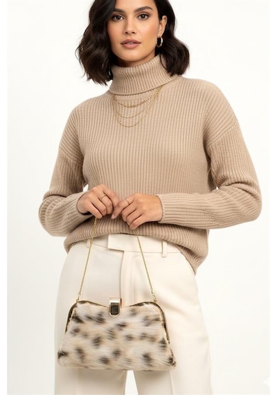 Genel Bej Suni Kürk Zincirli El Ve Omuz Clutch Portföy Çanta