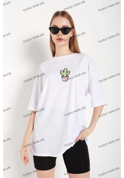 Startmore Kadın Beyaz Cactus Logo Baskılı Oversize Beyaz