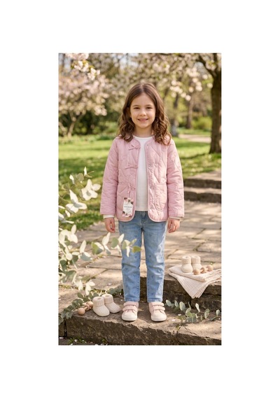 Deniva Kids Kız Çocuk Pudra Pembe Kalp Kapitone Fiyonk Detaylı Mevsimlik Ceket Mont
