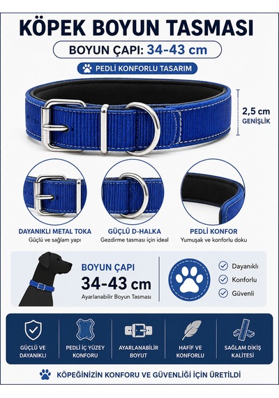 Pedli Köpek Boyun Tasması 34-43 Cm 2,5 Cm Dokuma Naylon Metal Tokalı - Saks Mavi Çok Renkli