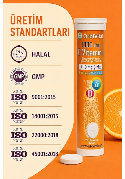 Orbivital C Vitamini 1000 Mg + Çinko + D3 Vitamini Efervesan Tablet 20'li