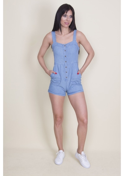 Şans Tekstil Kadın Mavi Denim Kumaş Düğme Ve Cep Detaylı Askılı Tulum-mavi Mavi