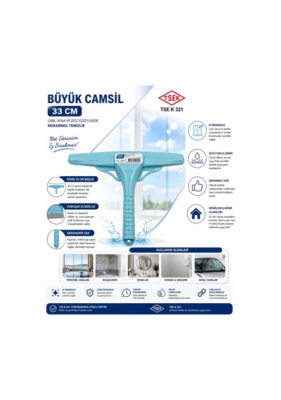 Büyük Cam Sil 33 Cm Profesyonel Silikon Cam Çekçek, Ayna, Duşakabin, Fayans Ve Araç Camı İçin İz Bırakmayan Cam Temizleme Aparatı Çekpas, Mop, Camsil, Çek Pas