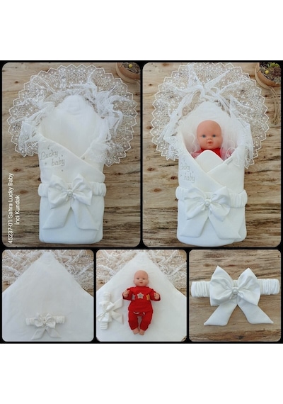 Dantelli Özel Taçlı Bebek Kundağı Unisex Bebek Dış Kundak Battaniyesi Hastane Çıkışı Hediyelik Knd45237 Ekru