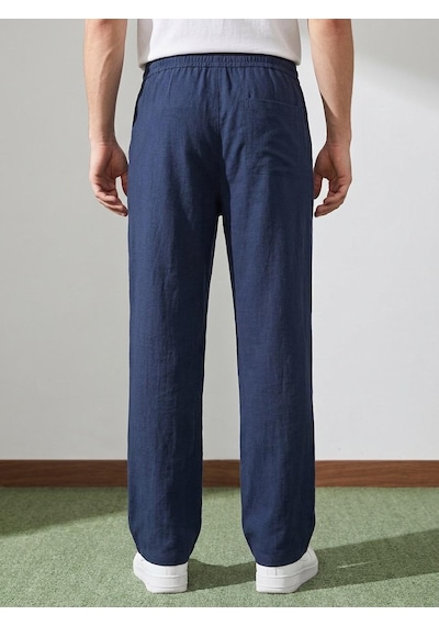 Danger Erkek Baggy Kalıp Beli Lastikli Pamuk Keten Görünümlü Pantolon Lacivert 1007dngr