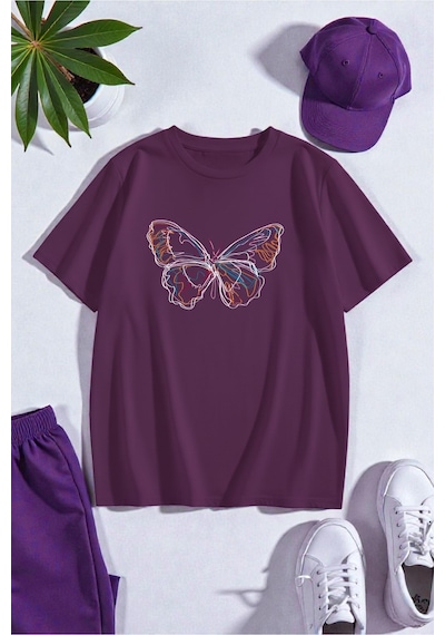 Uyguntarz Unisex Butterfly Baskılı T-shirt Mor