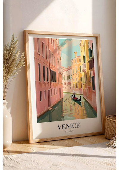 Venice Italy Vintage Seyahat Posteri Çerçeveli Tablo - Premium Venedik Kanal Elit Duvar Dekoru Kayın
