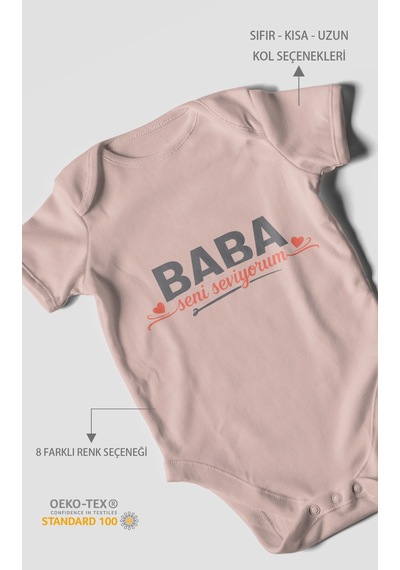 Morivokids Baba, Seni Seviyorum Kısa Kollu Bebek Body %100 Pamuk Pastel Pembe
