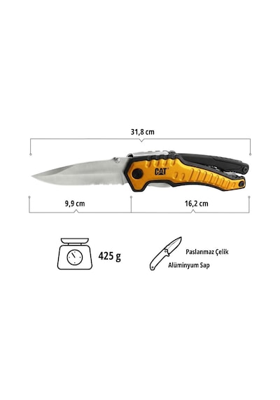 Cat Da980045 9 In 1 Çok Fonksiyonlu Katlanabilir 27cm Paslanmaz Çelik Sarı Kamp Çakısı Bıçağı + Taşıma Kılıfı
