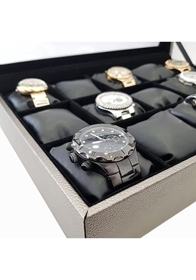 15 Li Diamond Gri Deri Ahşap Camlı Saat Kutusu St15-59