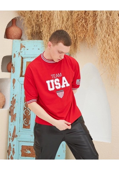 Barlashive Erkek Bisiklet Yaka Tişört Nakış İşlemeli Kısa Kol Oversize T-shirt - Kırmızı Çok Renkli