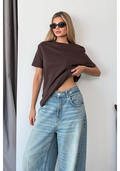 Kadın Bisiklet Yaka Basic T-shirt Kahverengi - 26y 26118