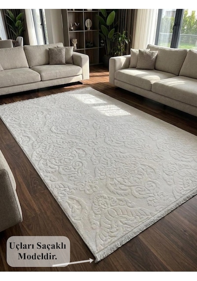 Rölyef Saçaklı Krem Joy Modern Yumuşak Dokulu Kabartmalı Kaymaz Taban Kesme Halı Yolluk Krem1
