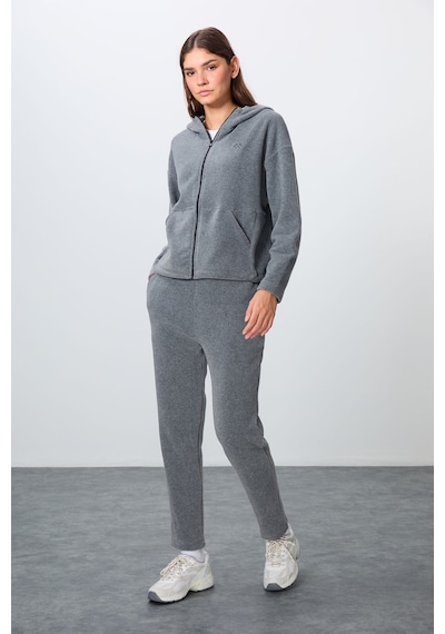 Tommy Life Gri Melanj Kalın Yumuşak Dokulu Kapüşonlu Oversize Nakışlı Polar Kadın Eşofman Takım -95338 GRİ MELANJ