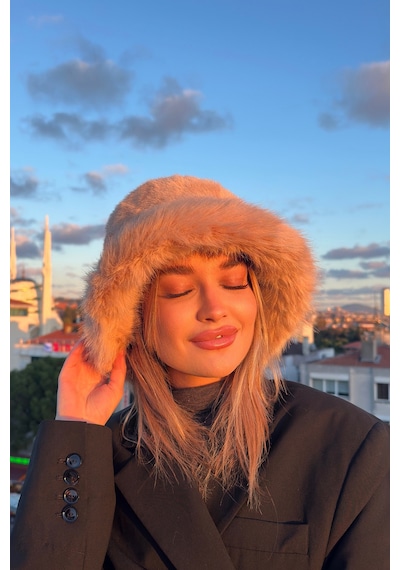 Mollycrush Suni Kürklü Peluş Bucket Kalpak Şapka Luxury Kadın Camel Rus Slav Tarzı Camel
