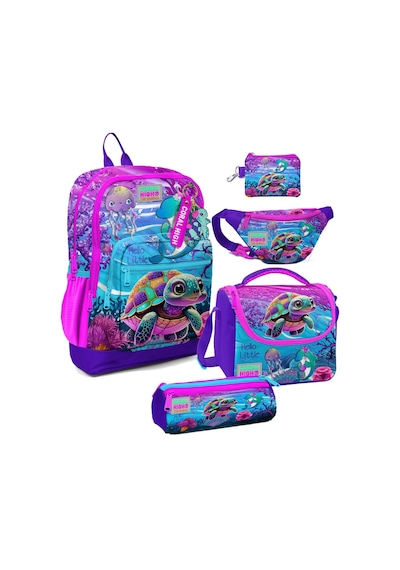 Coral High Kız Çocuk Pembe Mor Kaplumbağa Desenli Beşli İlkokul Okul Çanta Seti
