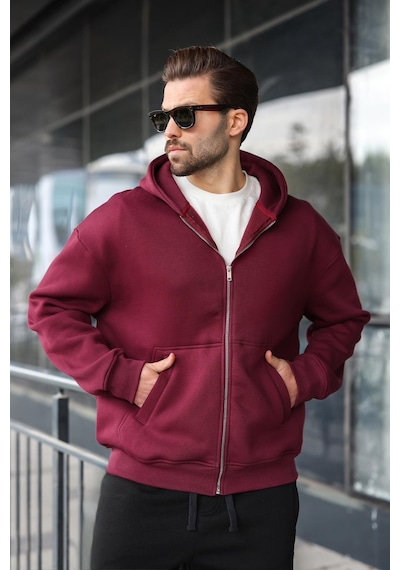 Madmext Bordo Fermuarlı Kapüşonlu Erkek Hırka E7174 Bordo
