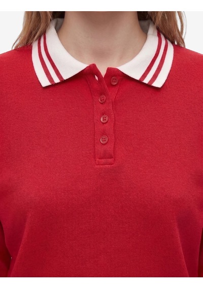Koton Rahat Kalıp Düğmeli Uzun Kollu Çizgili Polo Yaka Sweatshirt Kırmızı 7wal10212ık