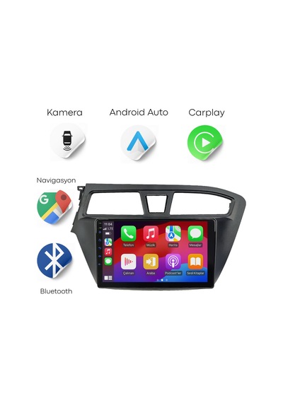Hyundai İ20 Android Multimedya Sistemi 2015-2017 8gb Ram, 64gb Hafıza, Bluetooth, Carplay & Android Auto Kamera  9"