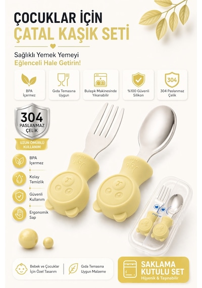 Jojobebek Kaşık Çatal Seti, Ergonomik Kısa Saplı Silikon, Paslanmaz Çelik Uçlu, Saklama Kutulu, (9-24 Ay) (SARI)