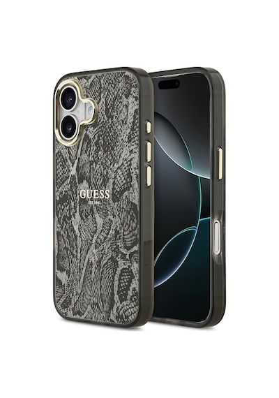 Apple Uyumlu iPhone 17  Kılıf Guess Lisanslı M-safe Şarj Özellikli Yazı Logolu Python Desenli Kapak Siyah Siyah