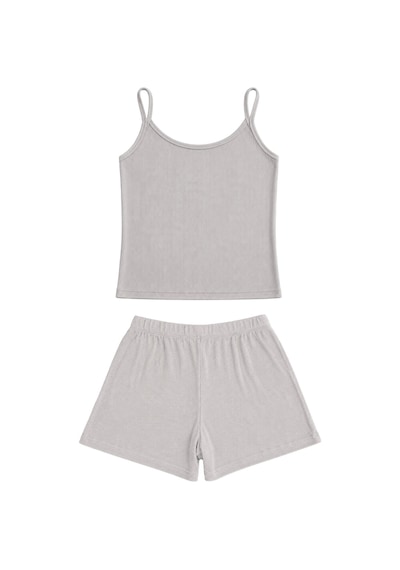 Cottonill Premium - Neat Collection Gri Rib Dokulu İnce Askılı Modal Viskon Şortlu Kadın Pijama Takımı