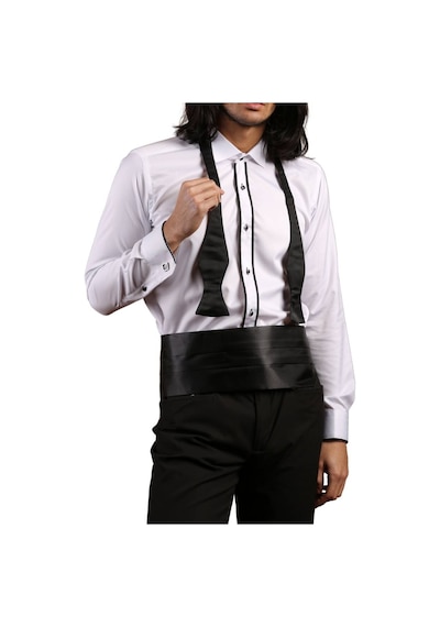 Dicotto Beyaz Siyah Çift Bieli Damatlık Ata Yaka Kol Düğmeli Slim Fit Smokin Gömlek - 003 001