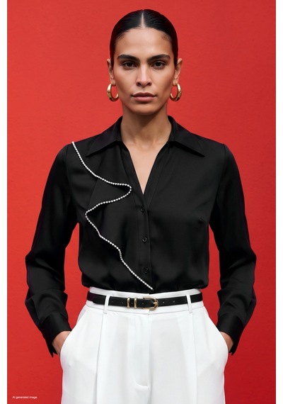 Sateen Fırfır Ve Aksesuar Detaylı Gömlek - Siyah-137975