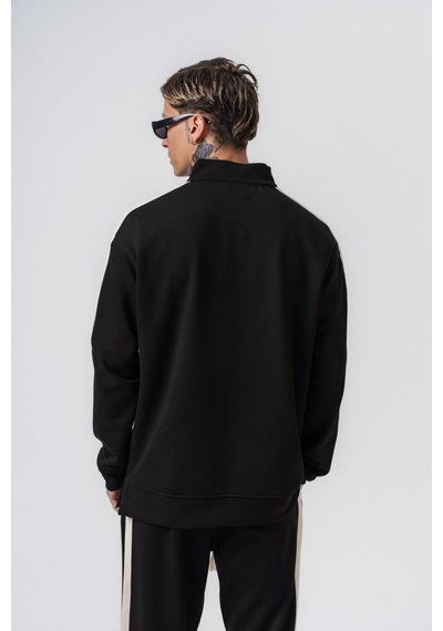 Respire Erkek Şerit Detaylı Yarım Fermuarlı Modal Sweatshirt Siyah