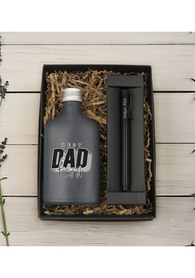 Bk Gift Kişiye Özel İsimli Baba Temalı Antrasit Tasarım Cam Şişede Kolonya 200 Ml & Siyah Metal Roller Kalem Hediye Seti-1, Babaya Hediye, Babalar Gün